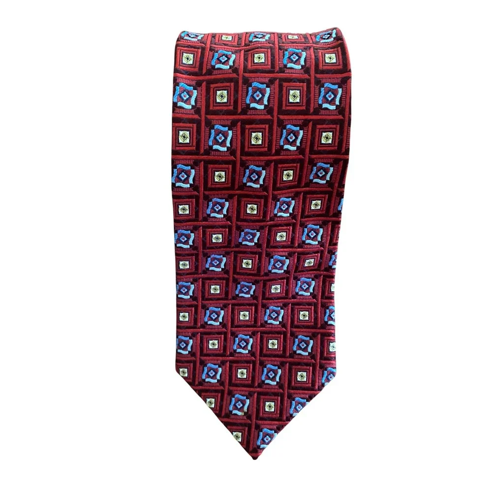 Mario Borelli Silk Tie Red Blue Geometric Square Pattern Made in USA‎ Mens Tie